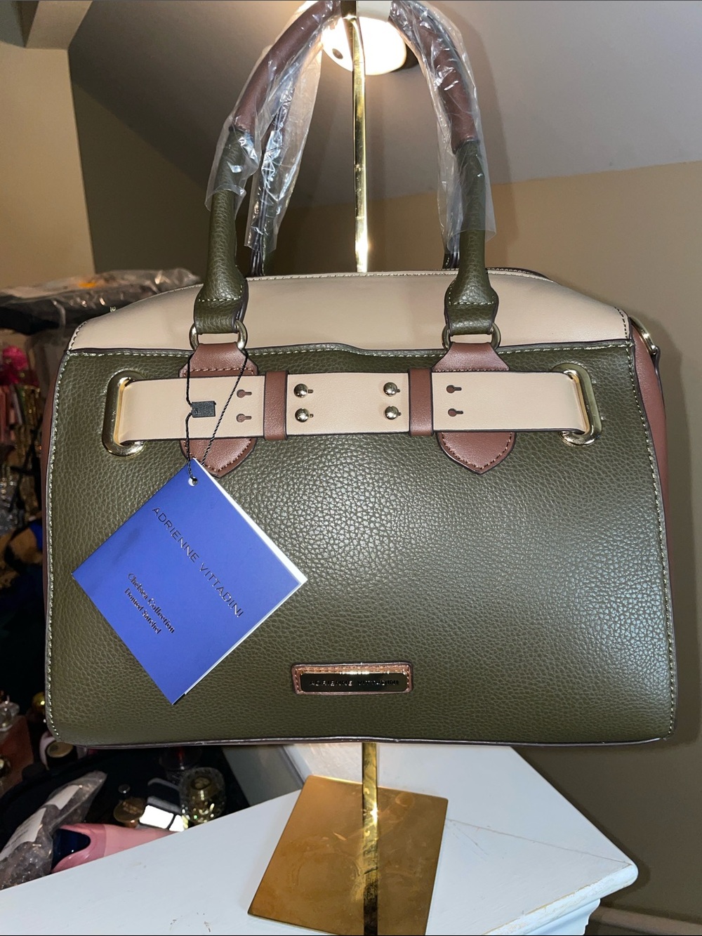 Adrienne Vittadini Olive, Cream & Tan Structured Satchel